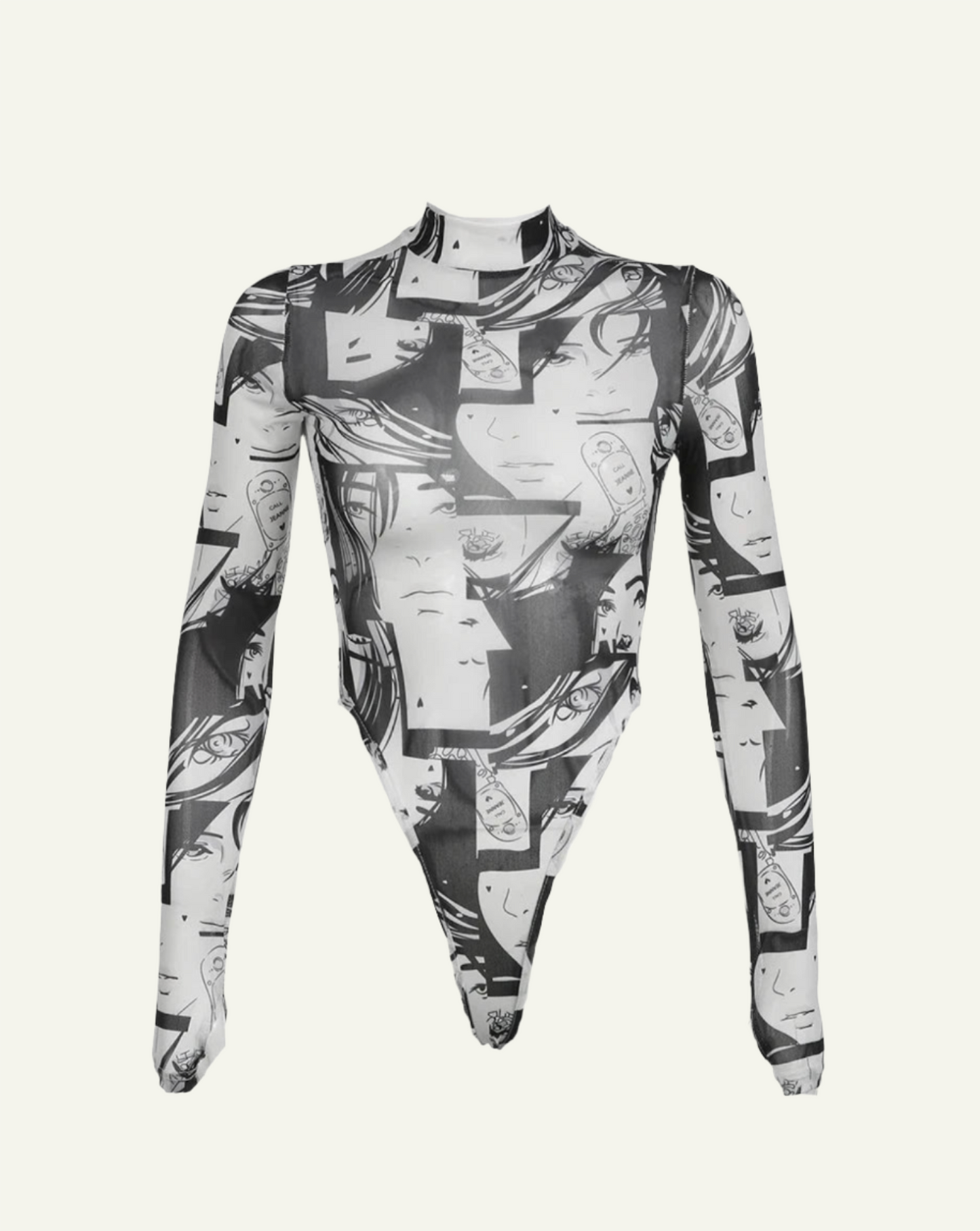 Print Mesh Turtleneck Bodysuit