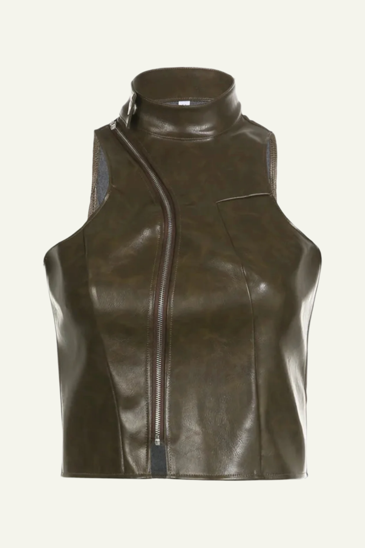 Standing Neck Asymmetric Zipper Leather Vest