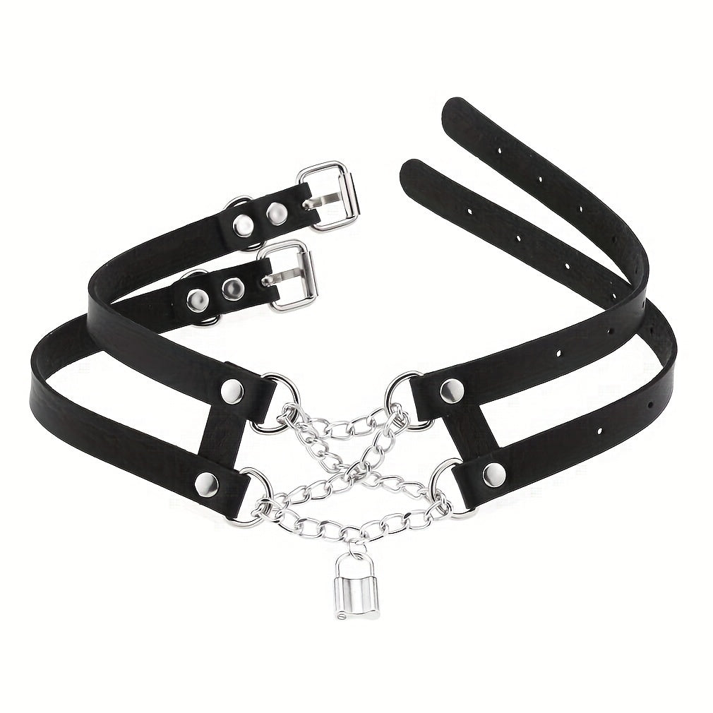 PU Leather Choker with Chain and Padlock Pendant